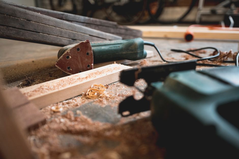 Woodworking tools close up on a workbench