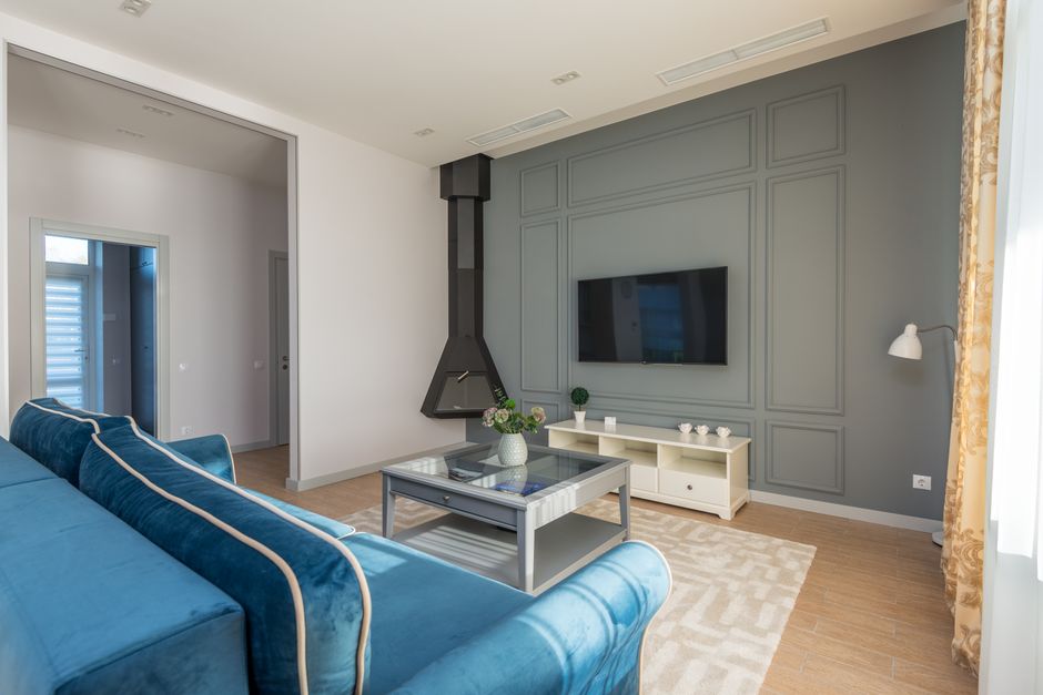 Stylish living room interior with handmade furniture